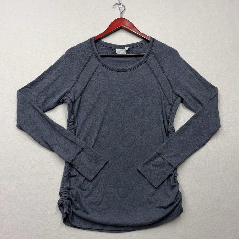 Athleta Top Womens M Gray Mandala Print Ruched Long Sleeve Thumbhole 919134